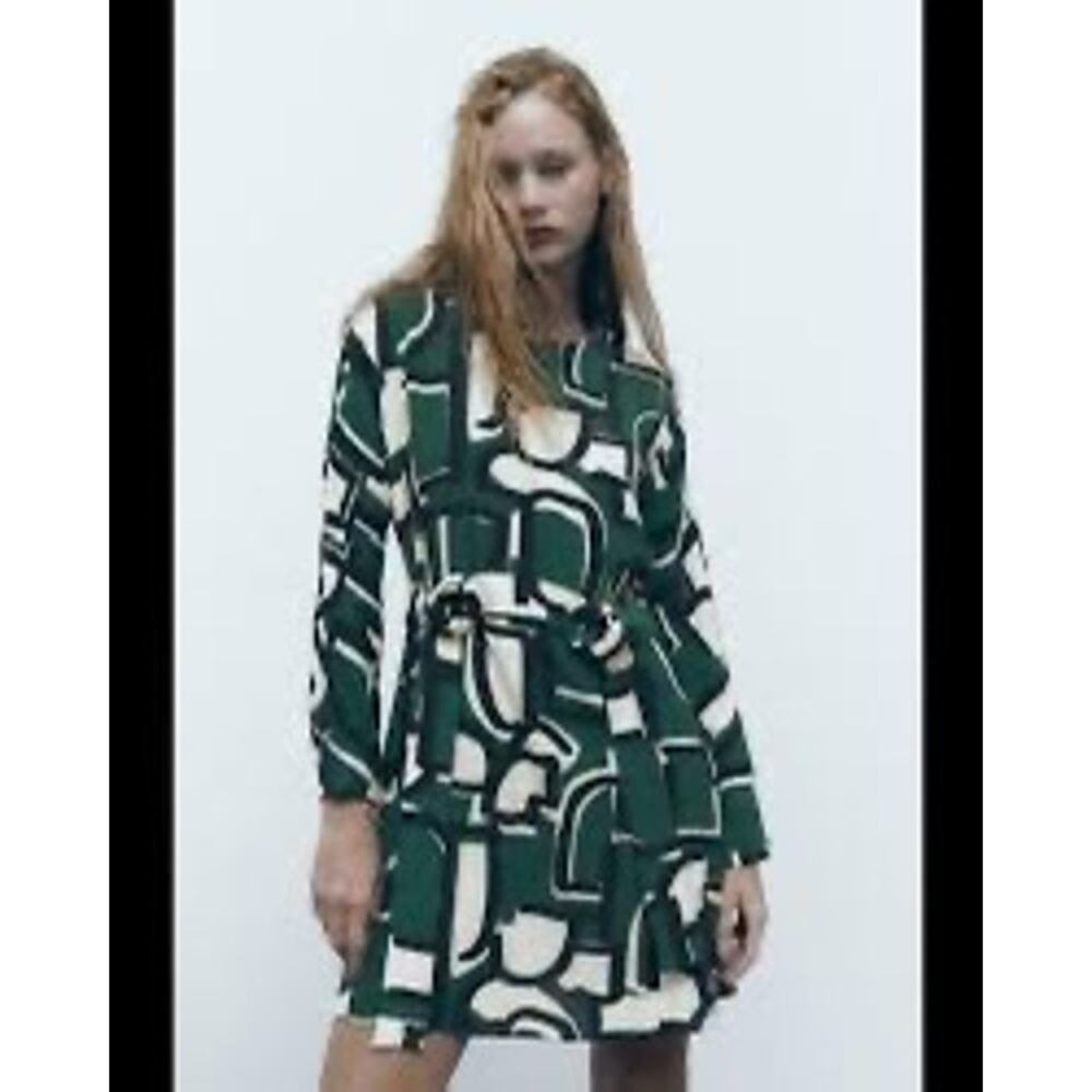 Zara Frida Abstract Print Side Belted Dress Size XS Green Cream - Picture 8 of 8